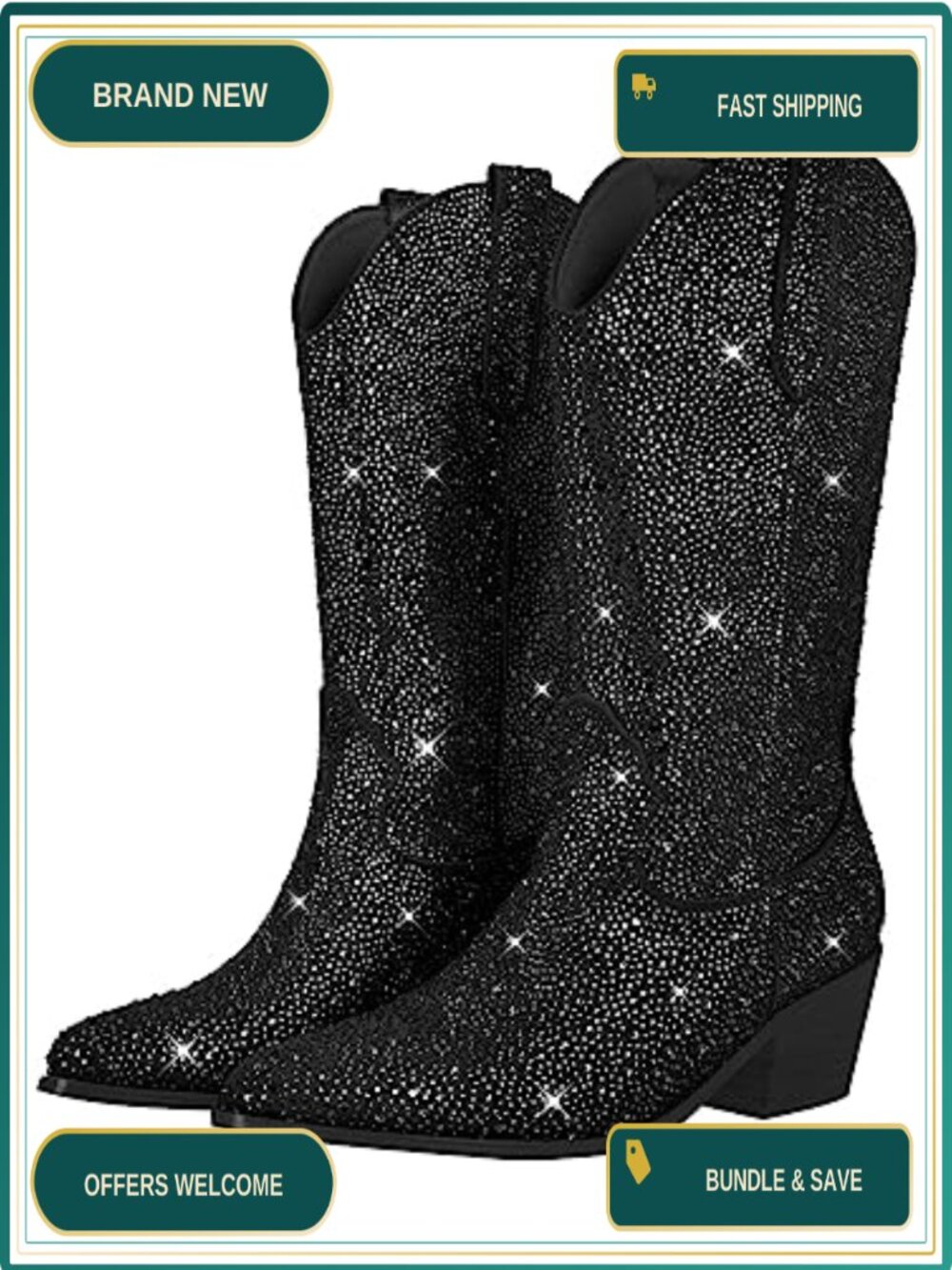 Sparkly Rhinestones Cowboy Cowgirl Style Calf High Boots for Women 2INCH Heeled